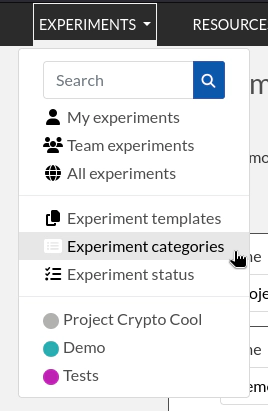 Experiment categories menu