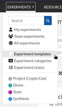 Experiment template menu