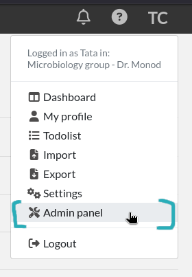 Admin panel menu link