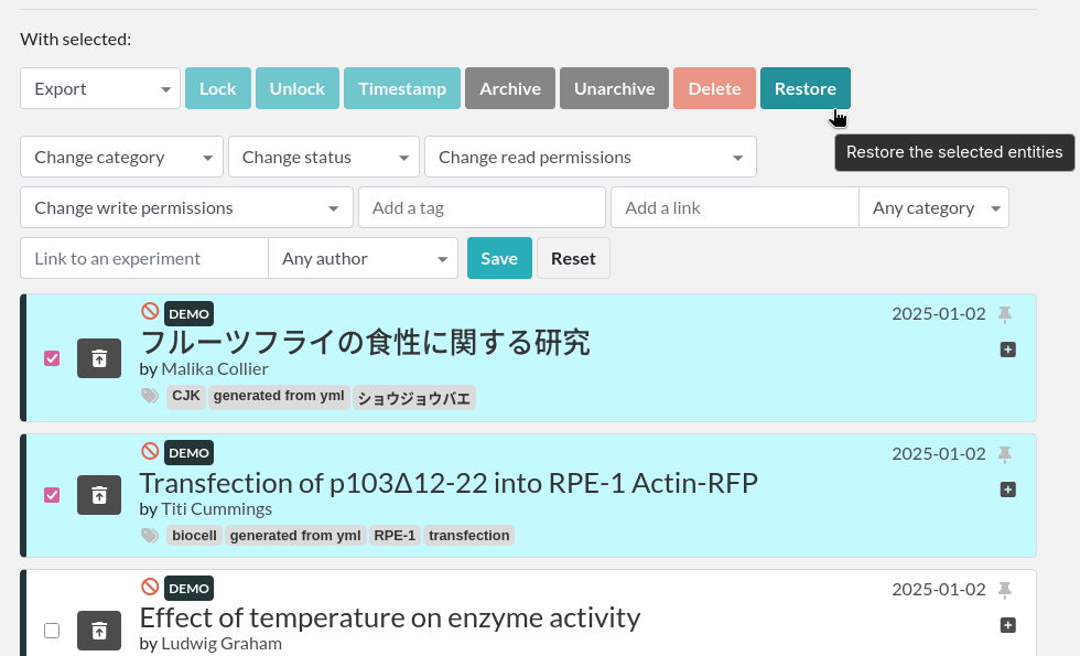 Select multiple deleted experiments