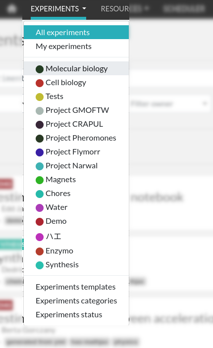 eLabFTW experiments menu